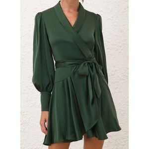 Zimmerman Silk Wrap Mini Dress, Medium, Forest Green